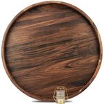 MAGIGO 26 Inches Extra Large Round Black Walnut Wood Ottoman Tray with Handles, Serve Tea, Coffee, Classic Circular Wooden Decorative Serving Tray