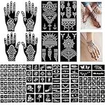 Pack of 12 Sheets Black Hollow Tattoo Stencil Kit for Women Girls, Indian Arabian Self Adhesive Temporary Tattoo Sticker Templates for Hand Body Art Painting