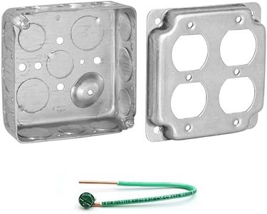 (Pack of Box and Cover) AP-12088, 4" Square Electrical Box, 2-Gang Duplex Receptacle Exposed Work Cover, Crushed Corners, Drawn Construction, Ten 1/2", Six 3/4" Knockouts, Raised Ground, 1-1/2" Deep