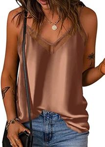 Ekouaer Silk Tank Top for Women Mesh V Neck Satin Camisole Silky Sleeveless Tank Cami Shirt, Light Coffee, X-Large