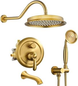 Homekicen Brushed-Gold Antique Shower-system with Tub Spout: 9 inch Rain Faucets Set in Wall, Rainfall Head and Handheld Spray, 3 Way Diverter Brass Valve with Trim Kit