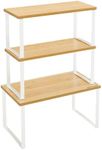 SONGMICS KCS014W01 Kitchen Cabinet Organizers, Set of 3 Countertop Shelves, Stackable, Expandable Spice Rack, Metal and Bamboo, Cloud White and Natural Beige