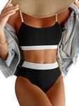 JJAI Womens High Waisted Bikini Set Ribbed Two Piece Bathing Suits Swimsuit Spaghetti Strap Swimwear Black White