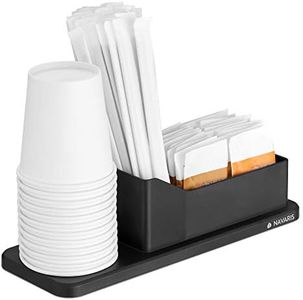 Navaris Small Coffee Station Organizer - Tea and Coffee Condiment Supplies Holder with Stacking Cup Storage - for Kitchen or Office Break Room - Black