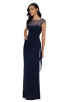 Xscape Women's Short Sleeve Beaded Illusion Neckline Ruched Gown, Navy, 16