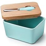 DOWAN Butter Dish, Large Ceramic Butter Dish with Lid for Countertop, Farmhouse Butter Keeper with Knife Silicone Holds Two Sticks of Butter, Turquoise