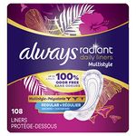 Always, Radiant Daily Liners For Women, Regular Length, 108 Count