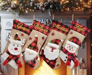 Personalized Christmas Stockings (18 inch) - Custom Embroidered Name Red Green Ivory Santa Deer Tree Pet Cat Dog- Rustic Farmhouse Fireplace for Family Decorations Holiday