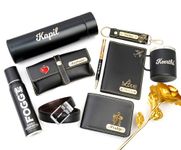 Saanvi Crafts Your Name Customized Mens Gift Hamper Set with Water Bottle, Passport Cover, Pen, Men Wallet, Sunglasses Cover, Keychain, Men Deodorant, Golden Rose and Mens Belt and Coffee Mug (Black)