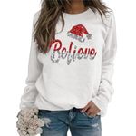 ALAPUSA Women's Believe Long Sleeve Shirts 2024 Holiday Tops Casual Round Neck Cute Graphic Sweatshirts White L