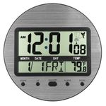 Atomic Clock with Temperature - Self-Setting Digital Wall Clock Battery Operated, Round Digital Clock for Bedroom Living Room Kitchen - Auto DST,Easy to Set, Aluminum Silver, Wall Mount or Desk