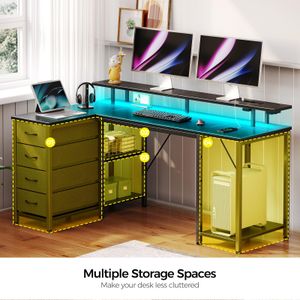 Seventable 140cm L-Shaped Gaming Desk – LED Lights, USB, Storage, Black