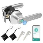 Fingerprint Door Lock, 5 in 1 Smart Door Knob with Smart APP/Fingerprint/IC Cards/Password/Backup Keys, Fingerprint Door Knob with Keypad for Bedroom, Office, Apartment, Silver