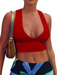 AEPEBO Sexy Crop Tops for Women Deep V Neck Back Cutout Sleeveless Plunge Racerback Tank Cropped Top, Red, Small