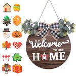 SWITTE 12 Interchangeable Seasonal Welcome Wreaths Sign Home Decor, Rustic Round Wood Wreaths Wall Hanging Outdoor, Porch, for Spring Summer Fall All Seasons Holiday Christmas Decoration (Brown)