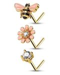 CM Crareesi Mania 3PCS Cute Bee Flower Nose Studs 316L Stainless Steel Gold Nose Rings 20G L-Shaped Pink Enamel Nose Piercing Jewellery for Women Girls