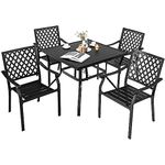 COSTWAY 5 Pieces Metal Patio Dining Set, 90cm Square Bistro Table and 4 Stackable Garden Chairs Set with Umbrella Hole, Outdoor Dining Furniture Conservatory Set for Balcony, Yard and Poolside, Black