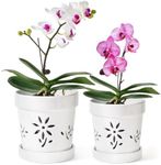 STHIE Ceramic Orchid Pots with Holes, 6+5 Inch Small Plant Pots with Drainage Holes and Saucers, Orchid Planter for Indoor Outdoor Plants, White Flower