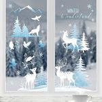 Yovkky 163 PCS Christmas Window Clings 4 Sheets, Winter Wonderland Snow Deer Elk Stickers Decals Decor, Xmas Tree Snowflakes Reindeer Holiday Home Kitchen Decorations