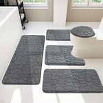 YIHOUSE Bathroom Mats Set 5 Piece, Cobblestone Memory Foam Bathroom Rugs Set, Non Slip Bath Mats Set for Bathroom, Water Absorbent, Washable Dark Grey Bath Rugs for Tub, Toilet and Floor