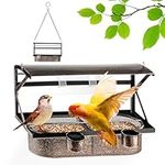 Twinkle Star Metal Bird Feeder Window, Bird Feeders for Outdoors Hanging, Strong Adhesive Hooks×2, Removable Water Cups, Hanging Chain, Detachable Food Tray, Wild Bird Watching, Garden Decor