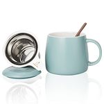 Candiicap Ceramics Tea Cup with Loose Leaf Infuser, Spoon and Lid, 450ml, Large Tea Infuser Mug for Tea, Coffee, Milk-Microwave and Dishwasher Safe(450ml,Matte Blue)