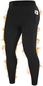 RIKUAOU Thermal Compression Pants Men, Fleece Lined Leggings with Pockets, Winter Sports Base Layer for Running Workout Black