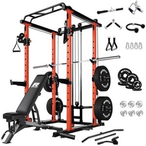 RitFit Multi-Function Garage & Home Gym Package Includes 1000LBS Power Cage PPC03 with Cable Crossover System, Weight Bench, Olympic Barbell Weight Set, Full Body Workout -OR,Bumper Plate 230lbs