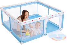 BEJOY Baby Playpen, 150cm Compact and Strong, Foam Protection, Anti-Slip, Transparent Breathable Mesh Round Zipper Door Safety Playard for Baby and Toddlers Indoor & Outdoor (Blue, Rainbow)