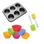 Perfect Pricee Non-Stick Microwave Oven Safe Plastic Baking Tray, 6 Nonstick Silicone Cupcake Muffin Molds with Oiling Pastry Brush, Kitchen Bakeware Tool Combo Set