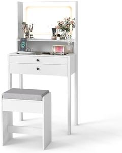 Costway Vanity Desk with Mirror & Lights, Small Makeup Table w/Power Outlets, 3 Color Lighting Modes & Cushioned Stool, Glass Top Compact Dressing Table w/Open Shelf & 2 Drawers for Bedroom