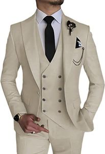 MOGU Mens 3 Piece Suit Slim Fit Tuxedo for Homecoming Wedding Prom Blazer Jacket Vest Pants with Tie Set, Beige, Medium