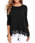 Qixing Women's Tops Long Sleeve Lace Trim O-Neck A Line Tunic Blouse Black Small