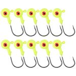 Alwonder 10 Pack Round Fishing Jig, Bass Ball Jigs 3D Eyes High Carbon Steel Jig Hooks Bass Lures Jig Heads Freshwater Saltwater Surf Fishing Jigs for Walleye Striper Pompano, Yellow-1/4oz