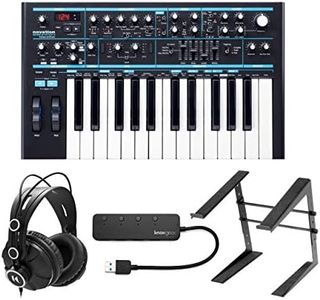 Novation Bass Station II Analog Synthesizer Bundle with Closed-Back Studio Monitor Headphones, Laptop Stand, and 4-Port USB 3.0 Hub (4 Items)
