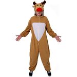 REINDEER COSTUME ADULTS CHRISTMAS FANCY DRESS ONESIE - FLEECE JUMPSUIT WITH ATTACHED REINDEER HOOD - XMAS OUTFIT RUDOLPH SANTA'S HELPER RUDOLF REINDEER - SIZE: SMALL