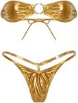 FEESHOW Women's Shiny Metallic Strapless Bikini Set Beach Swimwear Bathing Suit Mini Bra Top with G-String Gold One Size