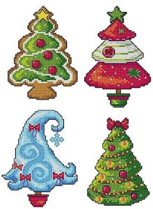 Counted Cross-Stitch Kit on Plastic Canvas with Christmas Trees. 4 Winter Ornaments Different Dimensions 141CS. Superb for Art & Craft Amateurs