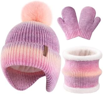 HONGTEYA Toddler Winter Hat Gloves Scarf Set, Kids Baby Beanie Hat Neck Warmer Mittens Fleece Lined Set (Purple-Pink Ombre, 6-24 Months)
