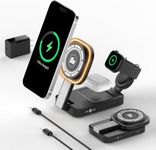 3 in 1 Foldable Wireless Charging Station for iPhone Magnetic Charger,Mag-Safe Travel Wireless Charger Stand Dock Compatible with iPhone 16/15/14/13&Air-Pods&Apple Watch with Night Light Stand(Black)