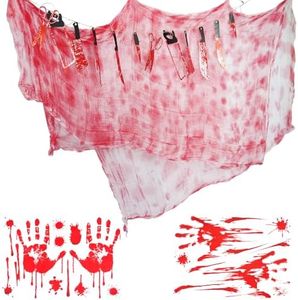 197" x 85" Halloween Red Spooky Cloth Set, Creepy Gauze Decorations Scary Gauze Cloth Handprint Stickers and Banner for Halloween Bedroom, Courtyard, Door, Wall, Window Decorations