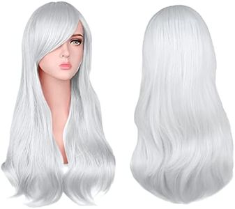 AOMIG Peluca Blanca Larga, 3pcs Peluca Largo Rizo de Cosplay Anime con Gafas y Redecilla Pelo, Peluca Ondas Larga de Fibra Resistente Calor con Flequillo, Pelucas Mujer Niñas par Cosplay/Fiesta/Diario