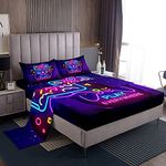 Erosebridal Gamer Bed Sheets Full Gaming Sheet Set for Kids Boys Girls Modern Game Bedding Set Vintage Video Games Fitted Sheet for Bedroom Decor with Deep Pocket Purple Gamepad Flat Sheet