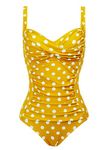 Joyaria Womens Retro One Piece Swimsuit Tummy Control Slimming Bathing Suit Ruched Swimwear(Size 6-24w), Molded Cups-yellow Dot, 14