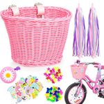 Kids Bike Basket Set, Kids Bike Basket Handwoven Cycle Basket for Kids, Cycling Baskets with Spare Leather Straps, Cute Sticker, Bike Tassels, Wheel Decoration and Bike Bell for Girls Boys