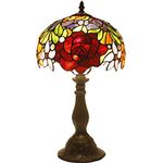 4MYHOME Tiffany Style Table Lamp Stained Glass Bedside Lamp Red Rose Desk Reading Light 10X10X18 Inches Decor Bedroom Living Room Home Office S001 Series