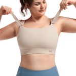 VFUS Women's Sports Bra Adjustable Medium-High Support Everyday Wear Wirefree for Plus Size Large Bust with Removable Pads (X-Large, Latte Beige New)