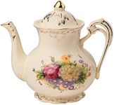 Flowering Shrubs Image Ivory Ceramic Tea Pot,Floral Vintage Teapot,29oz