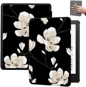 SCSVPN Case for 6.8'' Kindle Paperwhite (11th Generation-2021) & Kindle Paperwhite Signature Edition, Lightweight Slim Smart PU Leather Sleeve Cover with Hand Strap, Auto Wake/Sleep, Black Magnolia