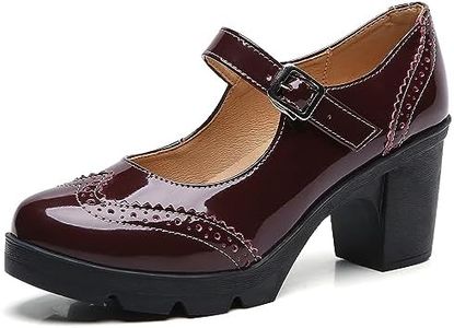 DADAWEN Women's Chunky Low Block Heels Mary Jane Closed Toe Work Pumps Comfortable Round Toe Oxfords Dress Wedding Shoes Wine Red Patent US Size 7